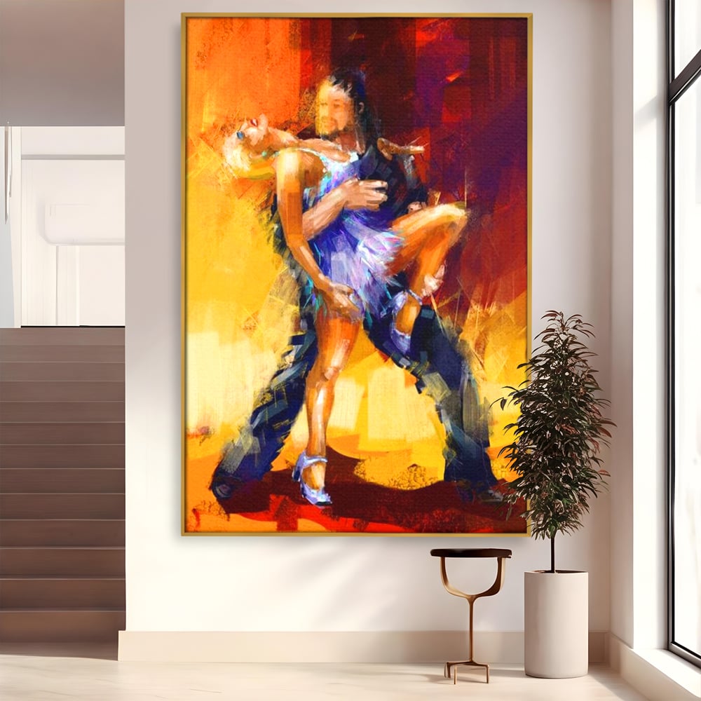 Tablou canvas cu tablou canvas cu un cuplu dansand tango, in rama de aluminiu auriu